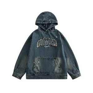 Custom logo embroidered patch vintage distressed streetwear oversized sun faded washed high quality denim hoodie