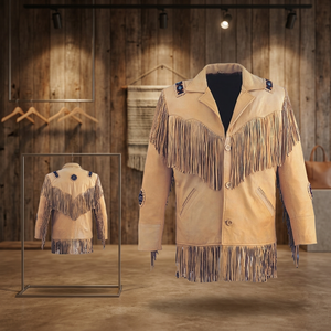 HMB-0510A HOMME MANTEAU EN CUIR MOTO MANTEAUX WESTERN FRANGES PERLES VESTE DE TRAVAIL COULEUR MARRON - Product Image 2