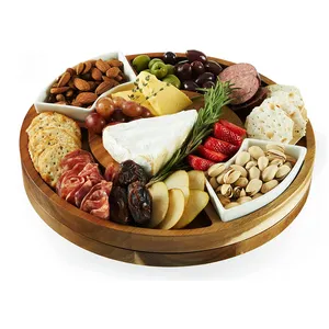 Customized Rotating Wood Serving Board Round Charcuterie Board Wooden Cheese Board Set With Ceramic Dishes