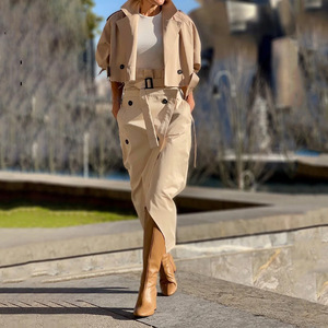 Ensemble tailleur trench pour femme kaki SMLXLXXL – Style décontracté pour le travail, jupe boutonnée avec ceinture et veste – Europe, Amérique, Asie du Sud-Est - Product Image 1