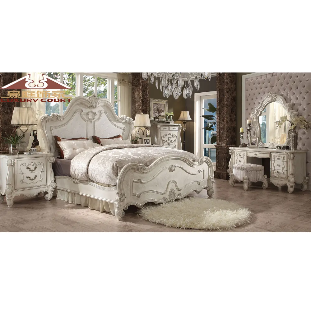 LongHao Furniture 2023 new Design Posh Classic Upholstered elegant Silver Grey Wooden Frame King Queen Size Bedroom Set