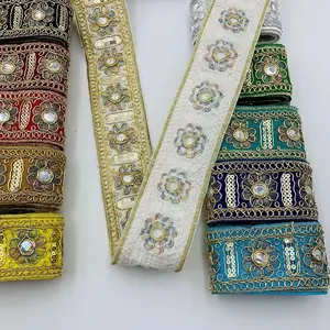 Hot sale 4.5cm Vintage Ethnic Embroidery Lace Sequins bar code Golden Corded embroidery lace trim for Clothes Bag
