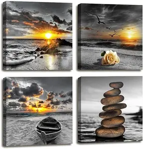 Black and white Gold Beach Wall art Sea Canvas Sea view print poster Zen wall art Sea sunrise landscape painting home decoration