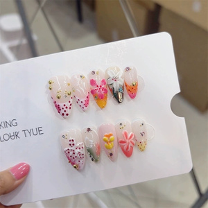 Uñas Postizas Hechas a Mano, Cortas, Medianas, Forma Almendrada, Uñas de Lujo con Diseño de Flores 3D, Uñas Francesas Reutilizables Únicas con Punta Francesa - Product Image 3