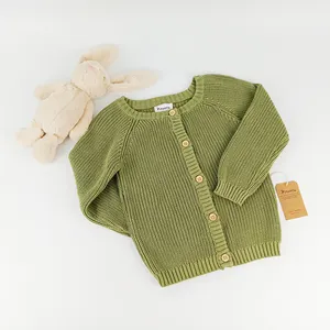 Paleo Baby Chunky Knitted Hot Sale Customize Sweater New Born Girls Boys Olive Green Cardigan Pure Cotton Spring Clothes