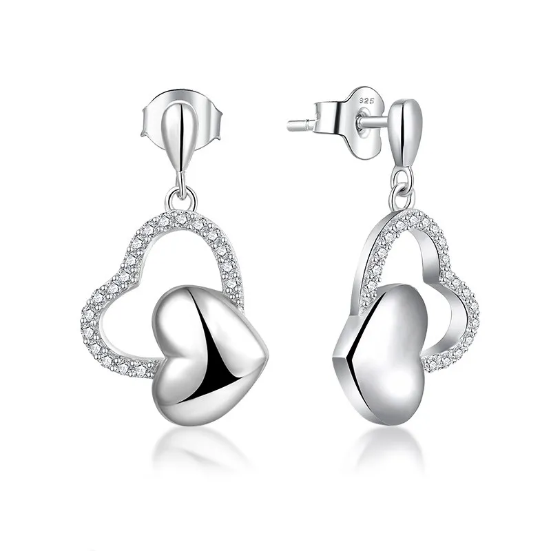 Yilun Jewellery Romantic s925 Sterling Silver Jewelry Valentines Day Gift Earrings Silver Double Heart Earrings Stud