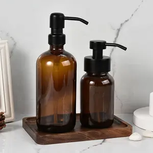 wholesale 250ml |500ml Glass Soap Dispenser Set with Natural Wood Tray Holder and 304 Stainless Steel Pump