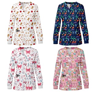 Women Hospital Uniform Scrub <b>Top</b> Round Neck Cartoon Print Moisture Wicking Work Jacket Professional Nurse Clothing - Product Image 4