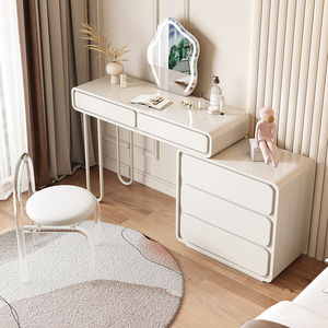 Tocador de dormitorio extensible crema de estilo moderno con taburete de espejo ajustable gabinete de maquillaje de madera tocador función de almacenamiento - Product Image 3