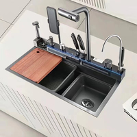 Nouveau produit Évier de cuisine multifonctionnel à cascade intelligent fait à la main avec support pour téléphone portable et pistolet pulvérisateur