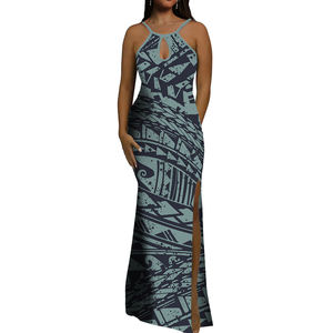 Puakenikeni Lei baskı bayanlar Sling yarık önlük özel polinezya su damlası tasarım büyük boy abiye kolsuz balo elbise - Product Image 3