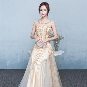 Elegant <b>Sequined</b> Evening Gown Women's Long A-Line Chiffon Dress Scoop Neck Empire Waistline For Banquets Hostess Social Events - Product Image 2