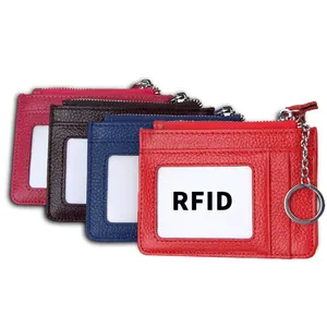 جلد طبيعي Rfid المرأة جيب حامل بطاقة سحاب عملة محفظة جيب مع حلقة رئيسية