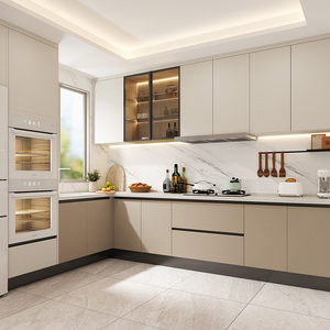 Ensemble <span class=keywords><strong>d</strong></span>'armoires de <span class=keywords><strong>cuisine</strong></span> beiges minimalistes modernes avec réfrigérateur et fours encastrés Santopova - Product Image 3
