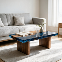 Table basse rectangulaire en résine époxy bleu océan, plateau épais en résine, pieds massifs, mobilier pour salon, maison, villa