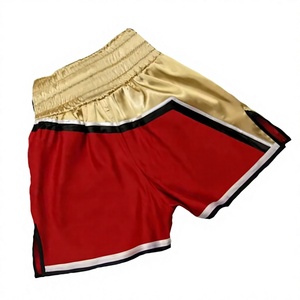 Shorts MMA pour hommes en satin bicolore, taille élastique, 100% coton, rouge, or, noir, blanc, avec bordure - Product Image 1