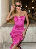 Robe Formelle Tube Y2K Personnalisée pour Femme à Manches Courtes, Couleur Unie, Taille Naturelle, Buste Froncé, Volants et Ourlet Droit