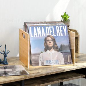 Soporte de bambú para discos de vinilo con asa, caja de almacenamiento para CD/DVD, diseño cuadrado, cesta organizadora para el hogar - Product Image 1