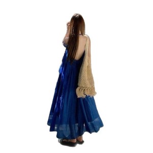 Vestido Largo de Verano para Mujer, Estilo Francés, Cuello Mandarín, Estampado con Personajes, Tejido, Corte en A, Hombros Descubiertos, Poliéster/Algodón, Transpirable, Color Azul - Product Image 5