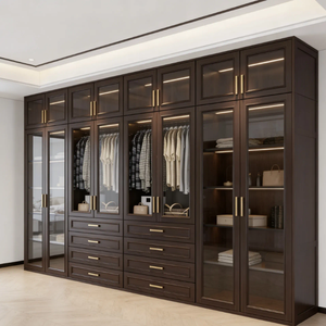 Armoire <span class=keywords><strong>sur</strong></span> <span class=keywords><strong>mesure</strong></span> avec portes en verre, éclairage LED, pré-assemblée, en noyer, norme CARB P2 - Product Image 1