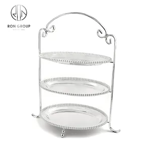 Wholesale Hotel Restaurant Snack Display Stands Party Decoration Round Plate Buffet Beaded Stainless Steel Silver Cake Stand