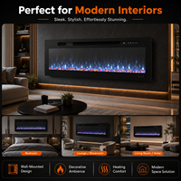 Cheminée électrique moderne avec écran LCD, flamme LED, structure métallique, télécommande et affichage en anglais pour usage domestique et hôtelier