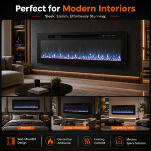 Cheminée électrique moderne avec écran LCD, flamme <span class=keywords><strong>LED</strong></span>, structure métallique, télécommande et affichage en anglais <span class=keywords><strong>pour</strong></span> usage domestique et hôtelier - Product Image 6