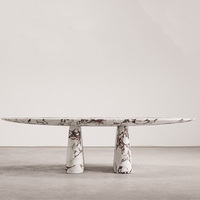 Table à manger en marbre unique et épurée Dream Home, piédestal double évasé, texture naturelle, mobilier de salle à manger en marbre