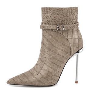Botines de tacón de aguja metálicos súper delgados para mujer, talla grande 45, ajuste ancho, zapatos de tacón alto, estampado de piedra, cortos - Product Image 4