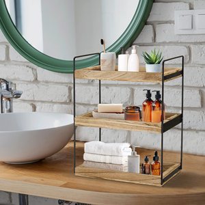 Étagère de rangement double couche en bois et fer, autoportante, durable, pour salle de bain, profondeur 8-11,9 pouces - Product Image 1