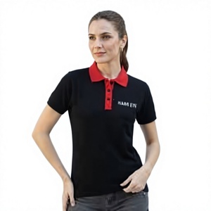 <b>Women's</b> Black <b>Polo</b> Shirt With Red Collar Embroidered Logo Casual Short Sleeve Pique Cotton <b>Top</b> - Product Image 2
