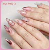 Lot de faux ongles réutilisables de luxe, longs, en amande, rose nude, avec ligne métallique 3D, personnalisables, marque privée, vente en gros
