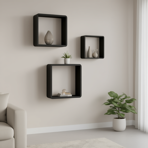 Set di 3 mensole a cubo moderne in MDF nero, grandi, medie e piccole, per esposizione e conservazione, design minimalista da parete, per soggiorno. - Product Image 2
