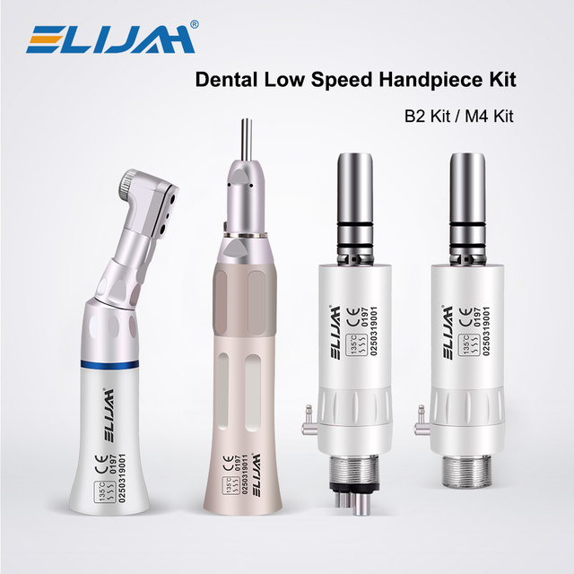 ELIJAH Dental Low Speed Handpiece Kit Straight Handpiece Contra Angle B2/M4 Air Turbine Steel CE Certified Dental Quality