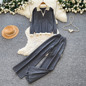 Conjunto de 2 Piezas de Punto para Mujer, Top de Manga Larga con Cuello Polo y Pantalones Anchos, Ropa Casual para Primavera y Otoño - Product Image 1