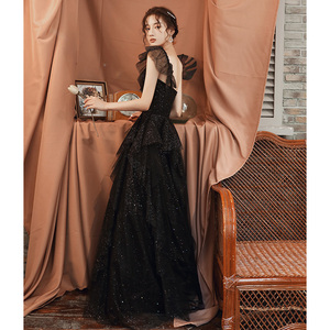 2025 nuovi stili di alta qualità autunno <span class=keywords><strong>nero</strong></span> cristallo lucido abito da sera con perline - Product Image 5