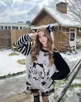 Pull en molleton à motif anime mignon - Pull rayé noir et blanc à manches raglan avec détail oreilles de chat, haut d'hiver doux pour filles