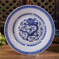 Assiette plate de style chinois rétro exquis bleu jade et blanc à motif végétal, compatible micro-ondes, pour usage domestique, hôtelier et commercial