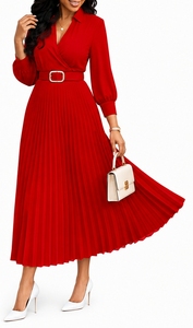 Abito elegante da <span class=keywords><strong>donna</strong></span> con maniche a 3/4, scollo a V, gonna lunga plissettata a trapezio con cintura in vita, adatto per cocktail e feste formali - Product Image 2