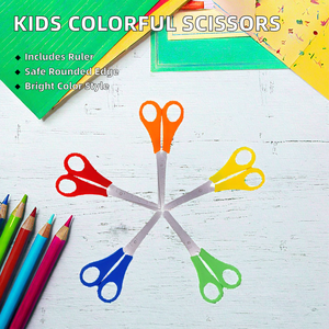 School Office Multipurpose Stainless Steel Smooth <b>Edge</b> DIY Ruler Student Kids Scissors <b>Plastic</b> Handle Multi-Color - Product Image 2