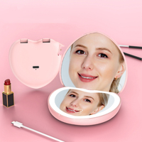 Miroir de maquillage portable pliable en forme de cœur avec éclairage LED, miroir compact grossissant 1X/2X avec 3 types de lumière couleur, Type-C