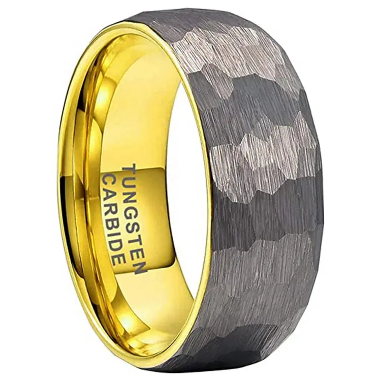 Hot Selling 14 K Goud Gevulde Gehamerde Ring Geborsteld Gepolijst Heren Ring 8Mm Wolfraam Carbide Mode Cadeau Ring