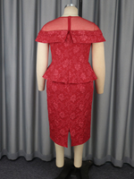 Robe de Carrière Vintage Rouge pour Femme, Col Rond, Manches Courtes, Jacquard Évidé, Coupe Fourreau, Modèle AM050118