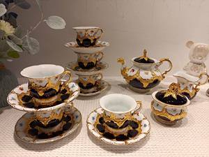 Complete Cobalt Blue Gold Embossed Floral Bone China Tea Set With <b>Teapot</b> Cups Sugar Creamer Baroque Style - Product Image 3