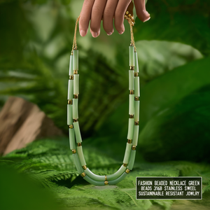 Fashion Beaded Necklace Green Tube Beads Gold Plated 316L Stainless Steel Sustainable Resistant Jewelry - Product Image 3