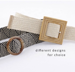 Wholesale Fashion Wide Waist Bohemia Boho PP Straw Woven Elastic Stretch Belt for Women Dress with Plastic Resin Buckle