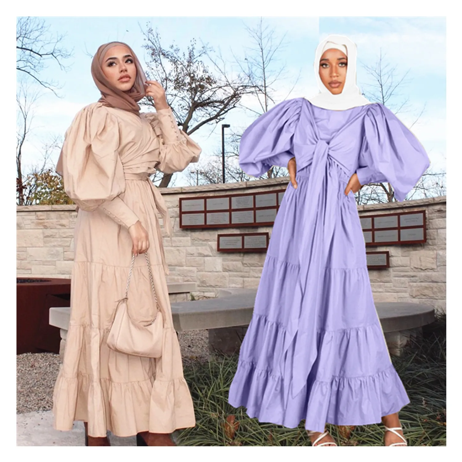 Sipo Ramadan Moderne Elegante Moslim Bescheiden Mode Islamitische Kleding Lange Avondjurken Bladerdeeg Mouw Abaya Met Bandjes Marokko