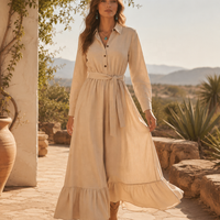 Robes en lin durables de style défilé, luxe discret, pour femmes, élégantes, maxi, type chemise, vente en gros