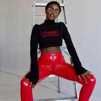 Pantalon long en latex et cuir PU pour femme, avec fermeture éclair au dos, noir et rouge, PVC, sexy, coupe crayon, entrejambe ouvert, érotique, pour boîte de nuit, pantalon skinny