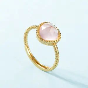 Pink Crystal Jewelry Fashion 925 Silver Rose Quartz Adjustable Ring For Women